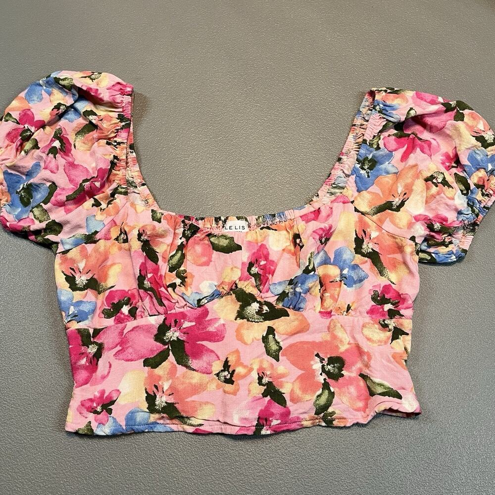 Floral smocked lined crop top peasantcore watercolor garden artsy Sz Med